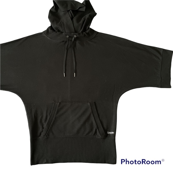 #12 Calvin Klein Performance Edgy Black Hoodie Front Pocket Relaxed Fit Top - Picture 3 of 8